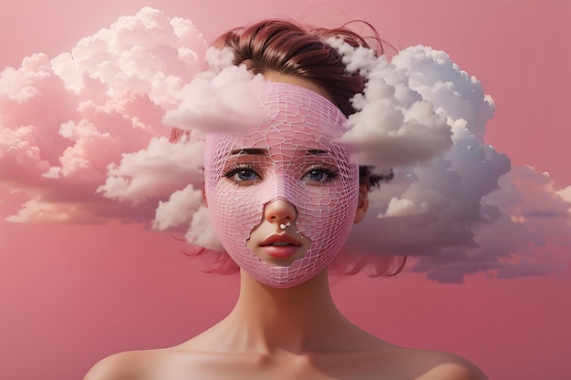 Woman with face covered by clouds on pink background created using generative ai technology