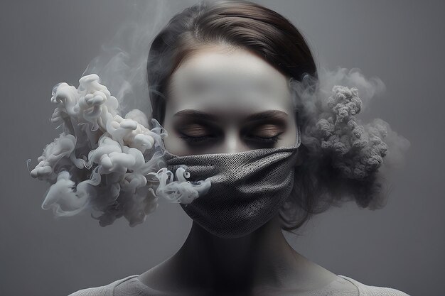 Женщина с лицом, покрытым дымом на сером фоне, созданная с использованием генеративной технологии искусственного интеллекта