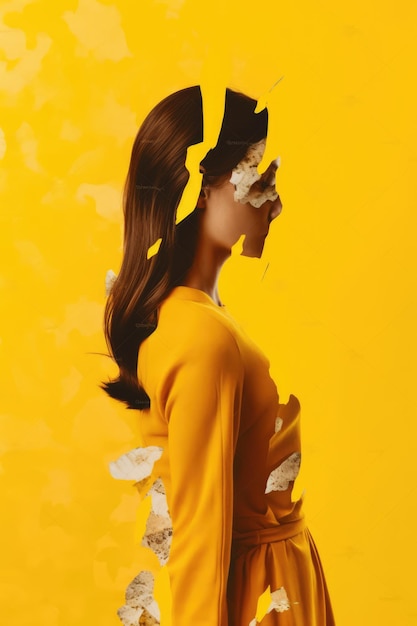 Woman with face covered by yellow paper on yellow background created using generative ai technology