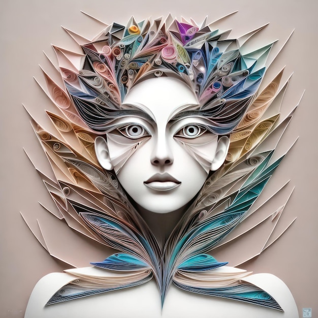 A woman with a face made of paper and leaves