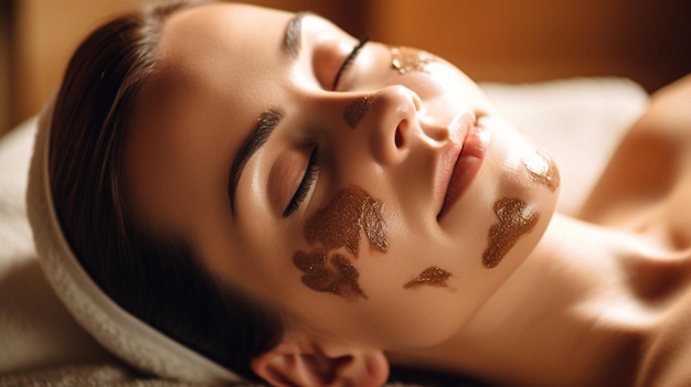 A woman with a face mask on and a face covered with chocolate.