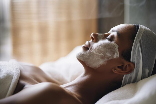 Photo a woman with a face mask lying on a bed