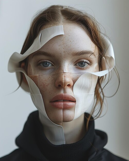Photo a woman with a face mask that has the eyes closed