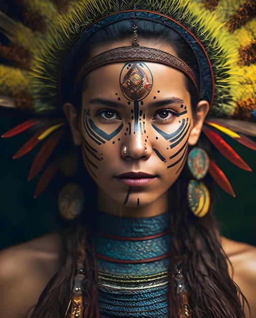 A woman with a face paint and a face painted with a native american tattoo.