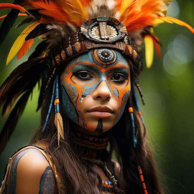 a woman with face paint and feathers