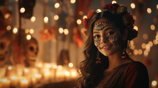 Woman With Face Paint in Front of Candles