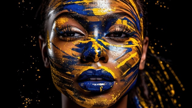A woman with a face painted in blue and yellow