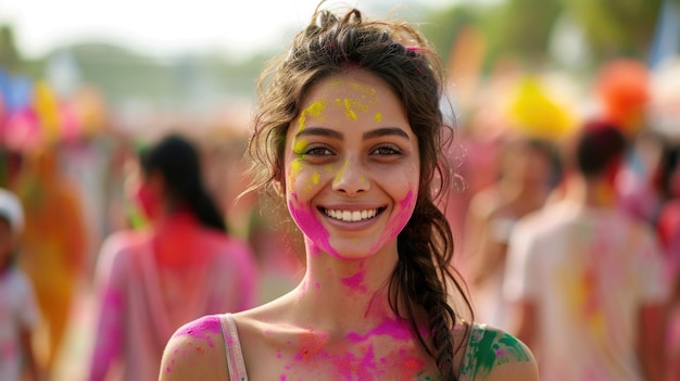 A woman with face painted in bright colors smiling at the camera ai