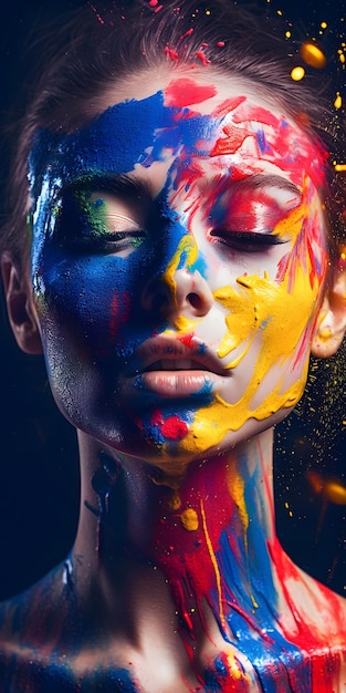 A woman with a face painted in bright colors