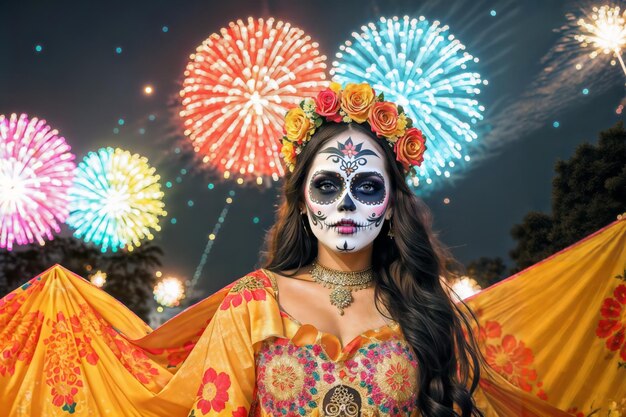 Photo woman with a face painted in a flower crown fireworks in the night sky on background dia de los muertos make up and dress day of the dead celebration