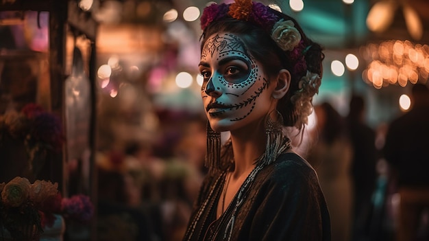 A woman with a face painted like a sugar skull