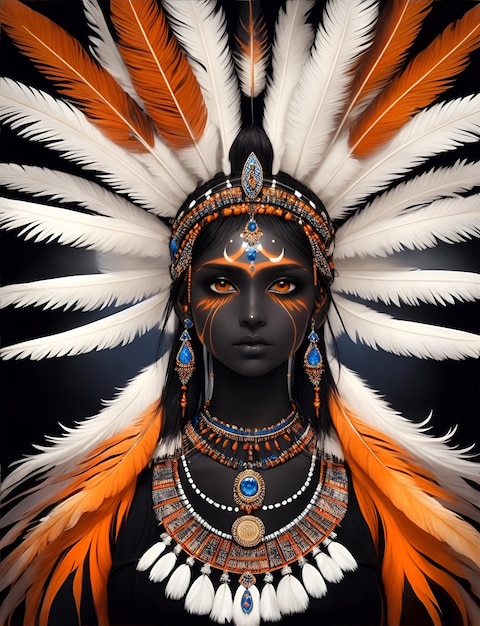 A woman with a face painted in orange and white with a feather headdress.