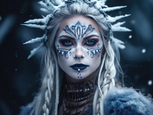 A woman with a face painted in snow and ice and a snowman on her face.