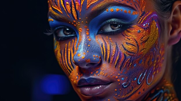 A woman with a face painted with a blue and orange paint.