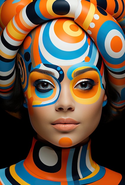 a woman with the face painted with the colors of the sun