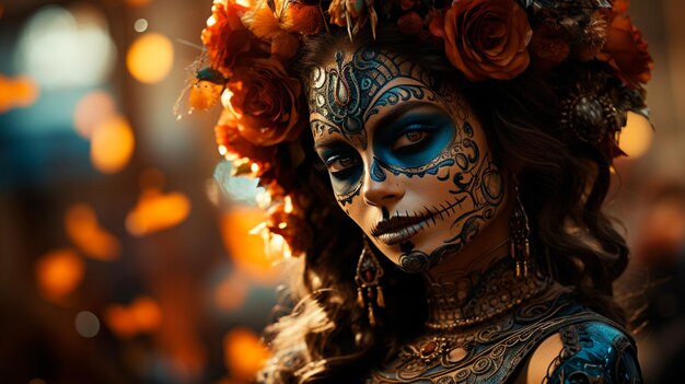 a woman with a face painted with flowers