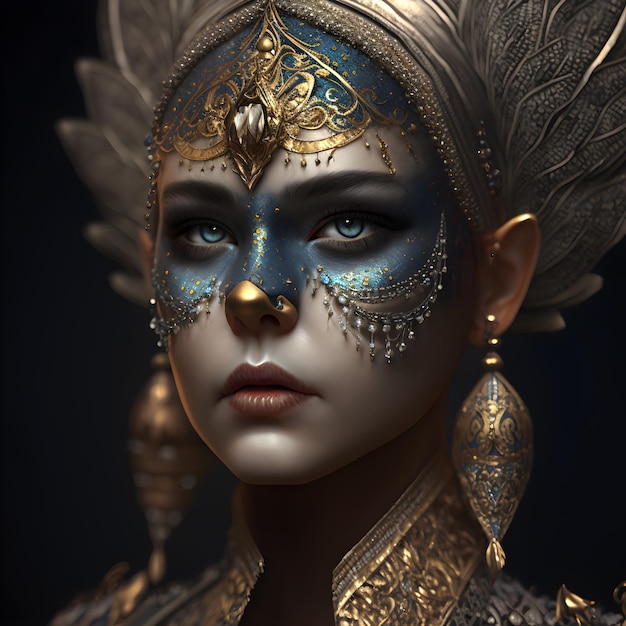 A woman with a face painted with gold and silver paint and a blue face.