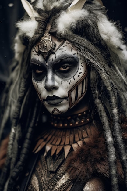 A woman with a face painted with silver paint and a face painted with the word tribe on it.