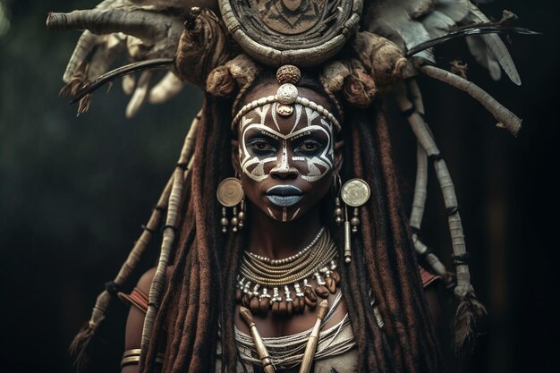 A woman with a face painted with tribal makeup and a mask.