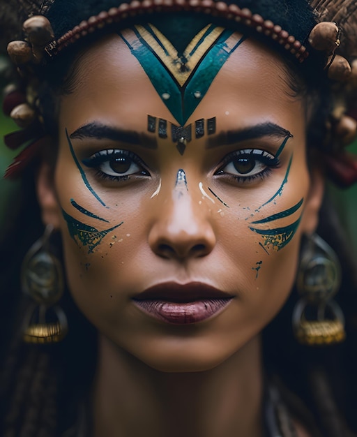 A woman with a face painted with a tribal pattern