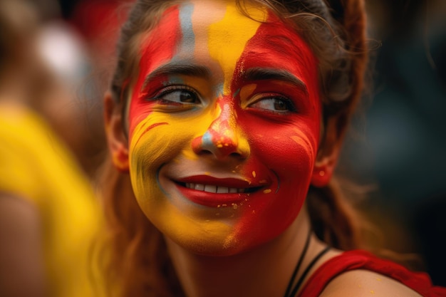 A woman with a face painted in yellow and red generative ai