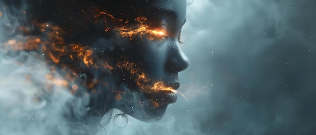 Женщина с лицом, напоминающим черное пламя, сливается во вселенную Концепция сюрреалистический портрет Космическая трансформация Духовные элементы Психоделическое слияние Темная эстетика