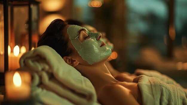 Woman with facial mask lying down in spa with warm ambient lighting