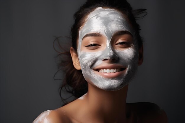 A woman with a facial mask wearing silver makeup