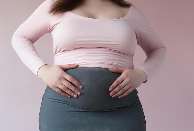 a woman with a fat belly rubbing her stomach in the style of minimalist backgrounds