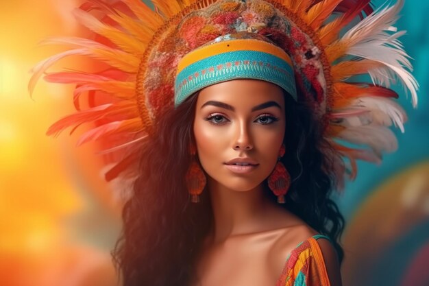 A woman with a feather headdress and a bright orange background