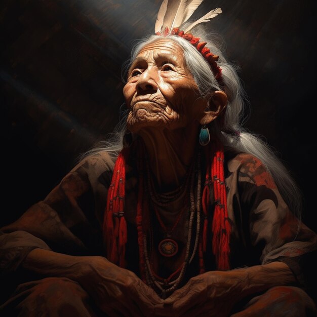 a woman with a feather on her head is sitting in front of a dark background