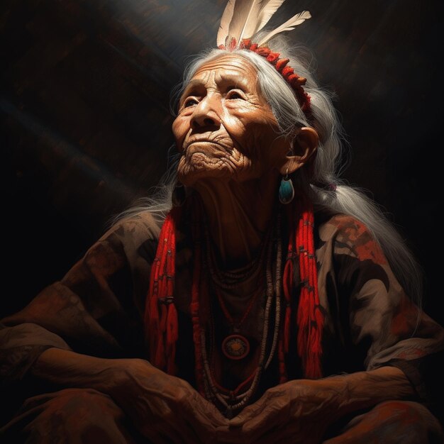 A woman with a feather on her head is sitting in front of a dark background