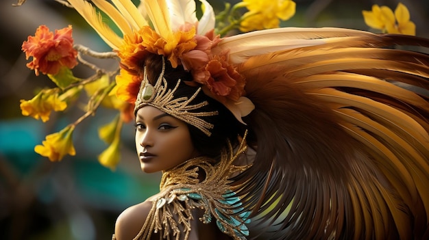 a woman with a feather on her head is wearing a hat with feathers and feathers.