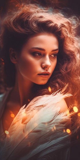 A woman with a feather on her neck stands in front of a fire with the word fire on it.