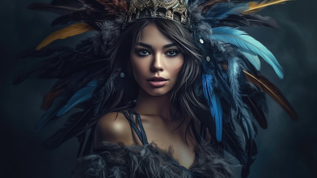 A woman with a feathered headdress and a feathered headdress