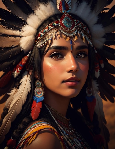 A woman with a feathered headdress and her eyes closed.