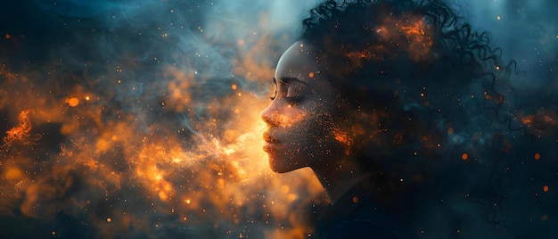 Photo a woman with features like black flames dissolves into the cosmos concept abstract surrealism woman flames cosmos