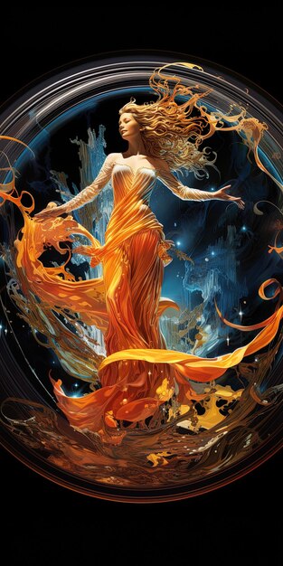 a woman with a fiery dress on the back of her body is surrounded by flames