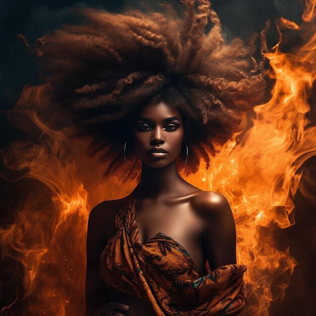 a woman with a fiery hair that is on fire