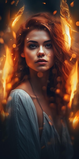 A woman with a fire on her face