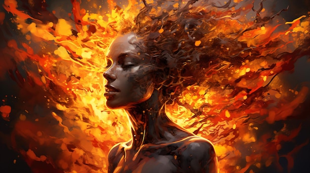 a woman with a fire in her hair