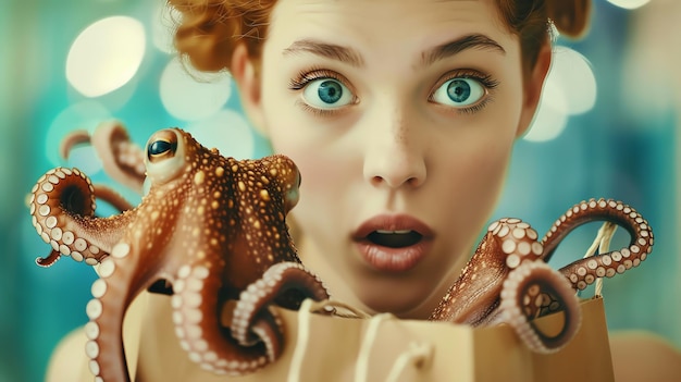 Photo a woman with a fish on her face is looking at a octopus