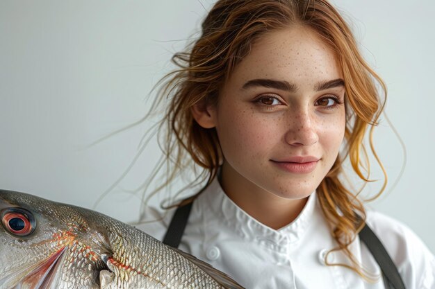 Foto una donna con un pesce in mano e un pesce nella sua mano