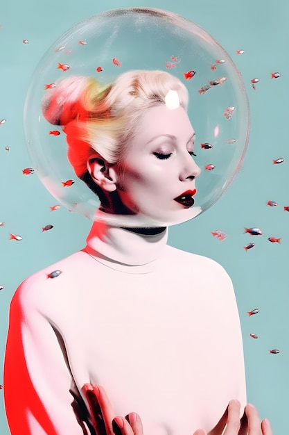 A woman with a fish in her head and a white turtleneck with a red lipstick.