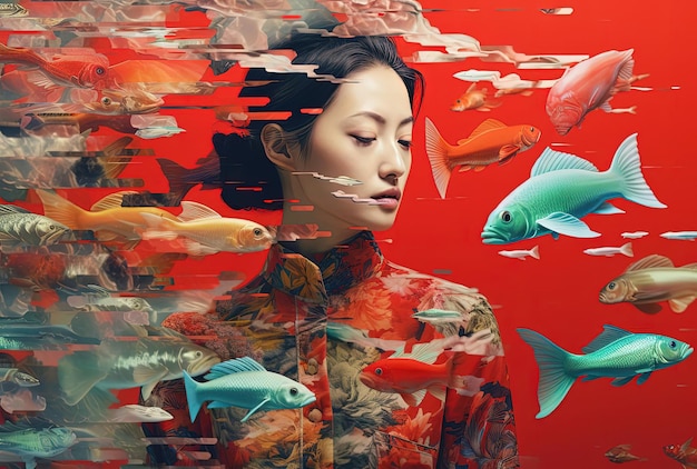 a woman with fish in a jigsaw puzzle in the style of glitch art