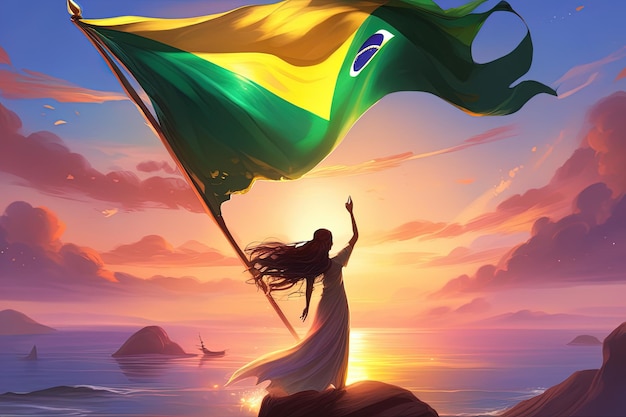 a woman with a flag in her hand is flying in front of a sunset.