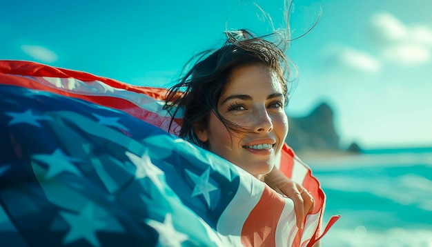 a woman with a flag wrapped in a flag