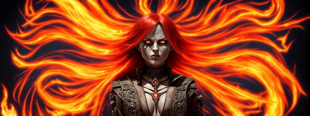 Woman with flaming flying red hair and fiery eyes in rich clothes with jewelry on a dark background Illustration with a frightening girl with a burning hairstyle Generative AI