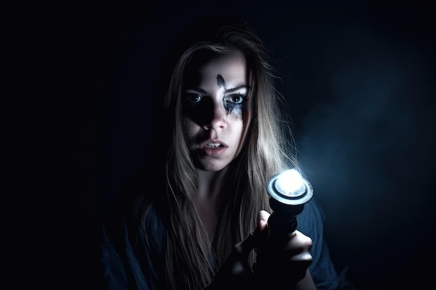 A woman with a flashlight in the dark