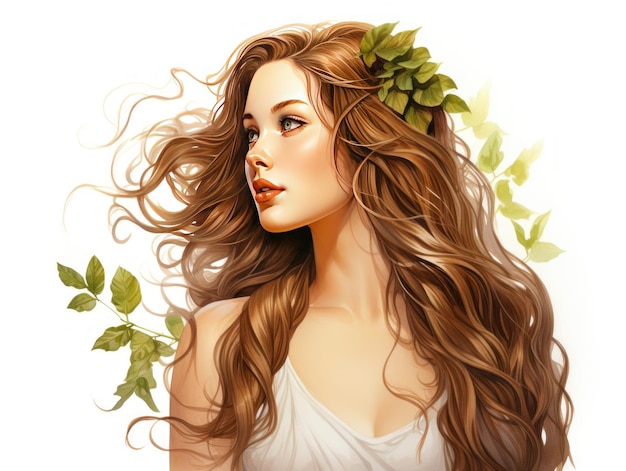 Женщина с безупречной кожей и длинными волосами, отражающими спокойную красоту